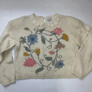 VTG Hand knit For Jack Winter Floral Knit Lace Collar Sweater Size L
